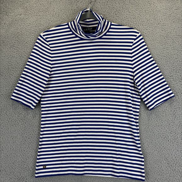 Ralph Lauren Womens Large Jersey Turtleneck Top Beachy Coastal Nautical Striped - Picture 1 of 10